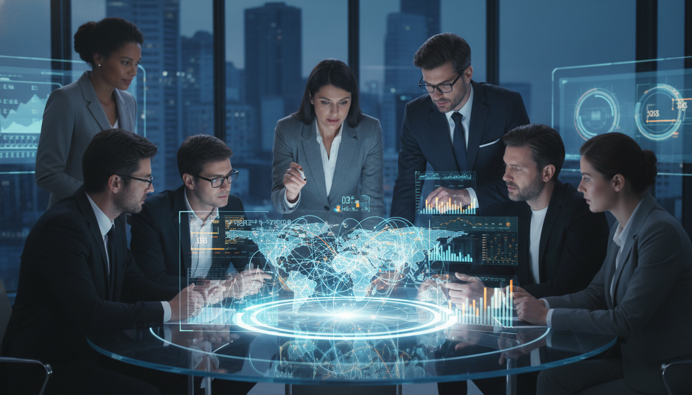 다양한 전문가들이 홀로그램으로 표시된 복잡한 공급망 데이터와 경제 지표를 보며 토론하는 모습. 글로벌 경제 변화에 대한 전략적 대응과 협력을 상징.