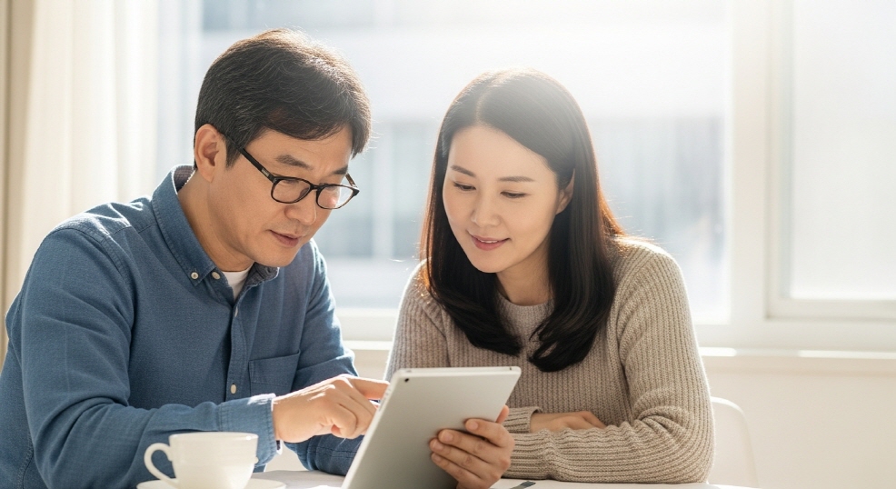 중년 부부가 함께 식탁에 앉아 태블릿으로 신청 정보를 검색하는 장면