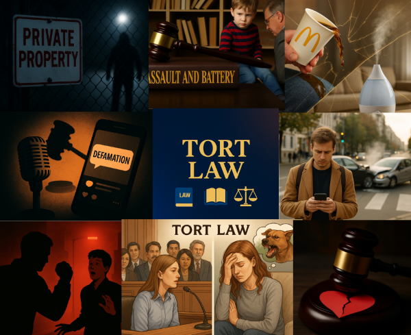 불법행위법 시리즈 주제를 상징하는 다양한 이미지를 콜라주한 썸네일: 사생활 침해, 명예훼손, 상해, 정신적 손해, 소비자 피해, 불법침입 등 미국과 한국의 불법행위법 비교 내용을 시각적으로 요약한 구성.