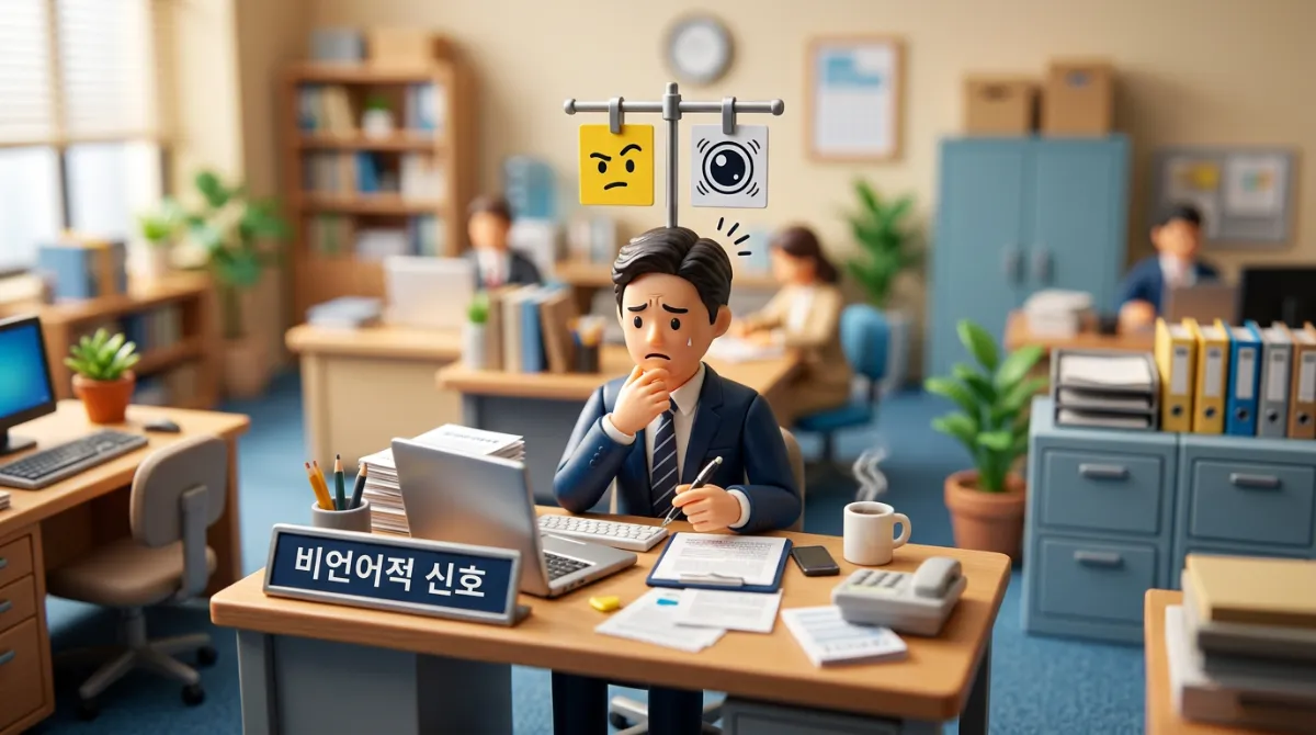 거짓말 시 나타나는 동공 확대, 미세 표정, 신체 접촉 등 비언어적 심리 신호를 표현한 틸트 시프트 오피스 디오라마