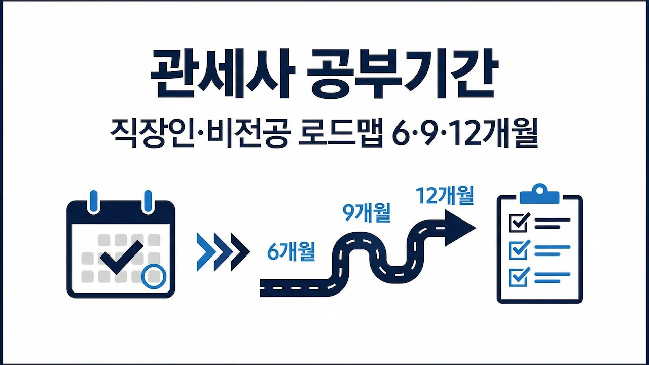 관세사 공부기간을 직장인&middot;비전공자 기준 6&middot;9&middot;12개월 로드맵으로 정리한 대표 이미지
