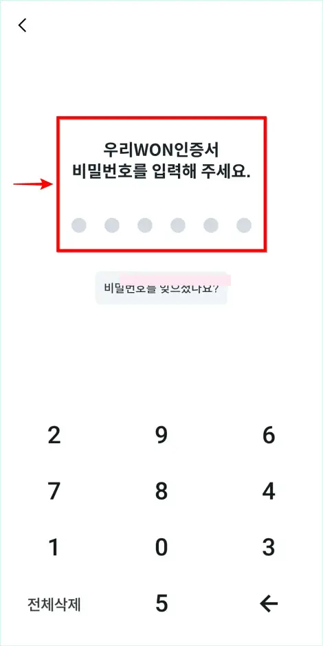 인증서(우리WON인증서)의 비밀번호를 입력