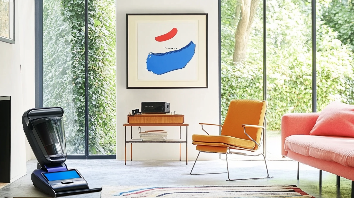 스타일리시한 거실에 효율적인 청소 기능을 발휘하는 스마트 삼성 청소기, 현대적인 인테리어와 따뜻한 내부 조명으로 강조된 초점 높은 이미지