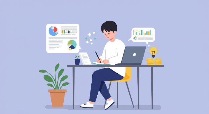 작은 실행부터 시작하는 사람의 모습, 책상 앞에서 블로그 글을 쓰며 경제적 감각을 키워가는 장면