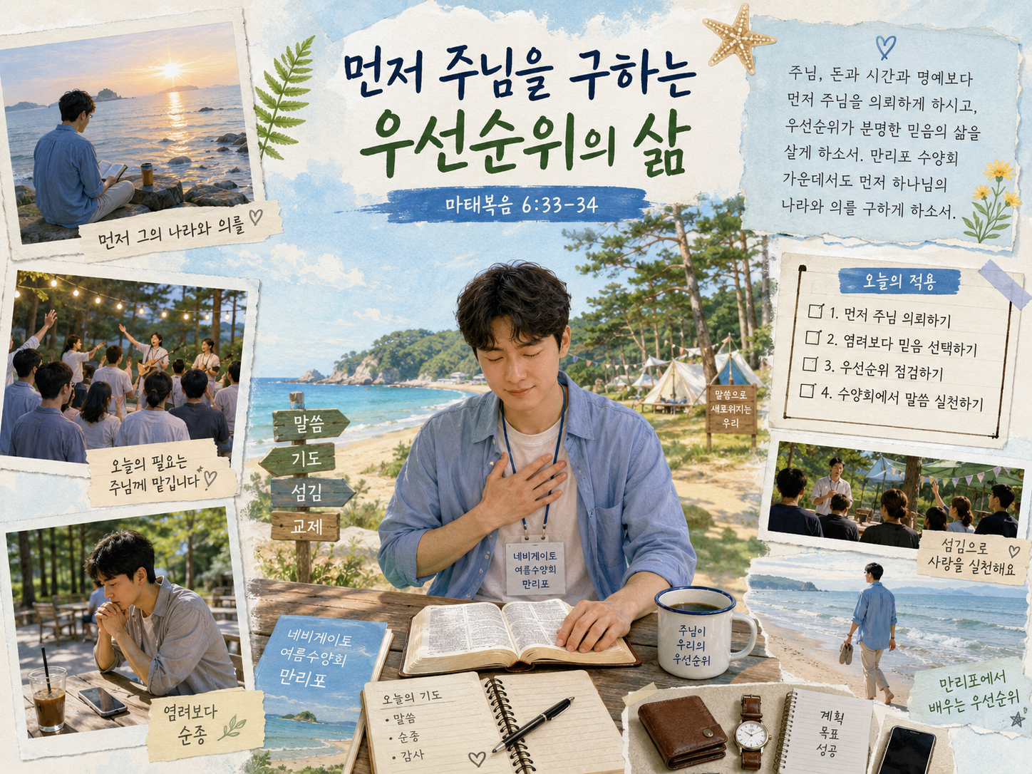 마 6:33-34 말씀에서 내가 명확한 우선순위의 삶을 살아간다면 염려와 걱정을 하지 않는다는 원리를 따라서 일상에서 나의 필요를 채우기 위해 노력하기 보다, 명확한 우선순위의 삶을 살아가려는 시도를 하기 위해 돈, 시간, 명예보다 먼저 주님을 의뢰하는 믿음의 삶을 살아가는 모습을 그려주시고, 네비게이토 여름수양회를 만리포에 와서 참여하면서 우선순위의 삶에 대해 실천하는 모습입니다.