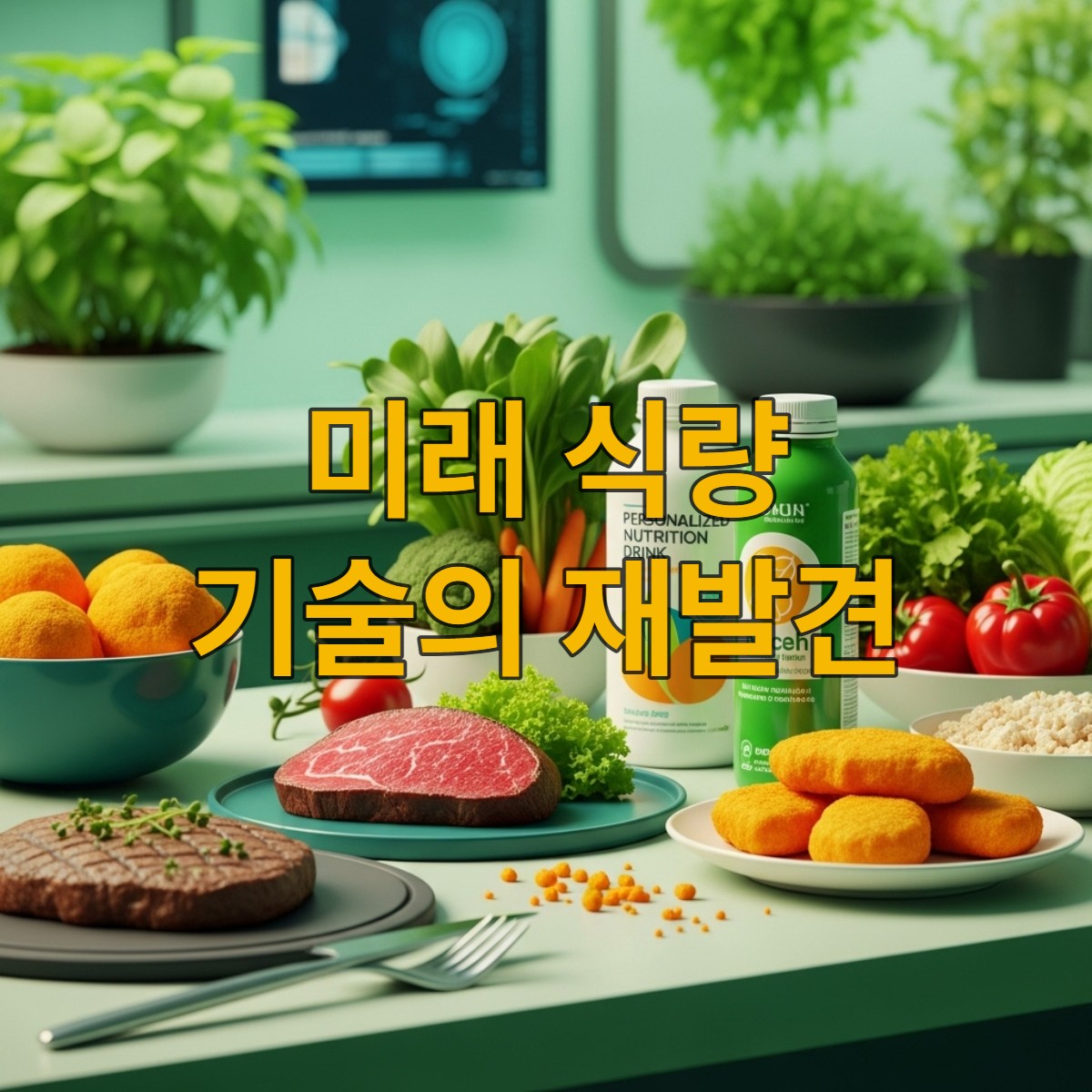 2025년 미래 식량 기술이 적용된 다양한 음식이 차려진 식탁. 세포 배양육, 식물 기반 대체육, 스마트팜 채소 등이 조화롭게 놓여있음.