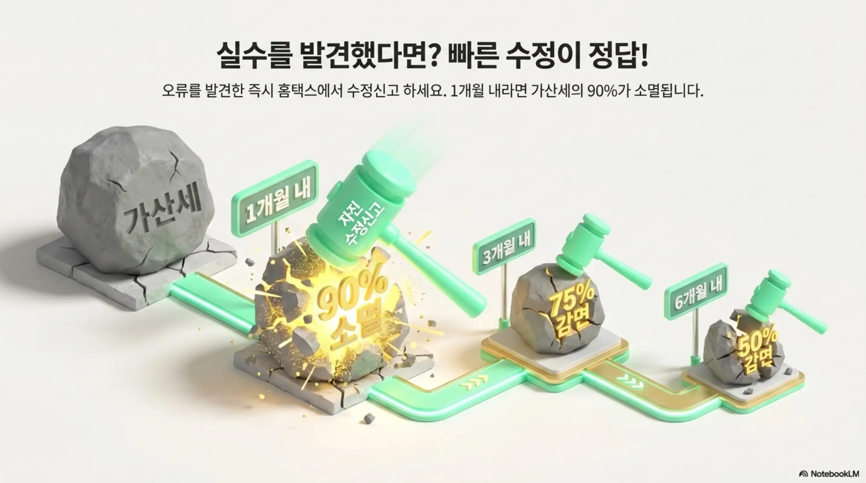 매입세액공제: 실수를 발견했다면 빠른 수정이 정답이라는 문구가 포함된 이미지. 가산세 바위가 1개월 내 자진 수정신고 망치에 의해 90퍼센트 소멸되고 3개월 내 75퍼센트와 6개월 내 50퍼센트로 감면율이 줄어드는 과정을 시각적으로 전달하며 블로그의 가산세 감면 규정 안내를 설명함