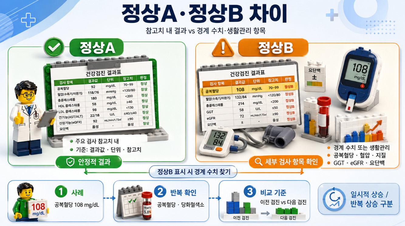 정상A와 정상B의 차이를 공복혈당, 혈압, 지질검사 수치와 함께 비교한 레고 스타일 인포그래픽