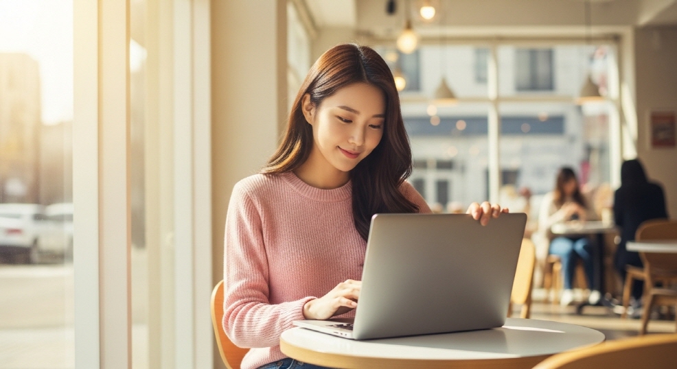 햇빛이 드는 카페에서 노트북을 여는 젊은 한국인 여성