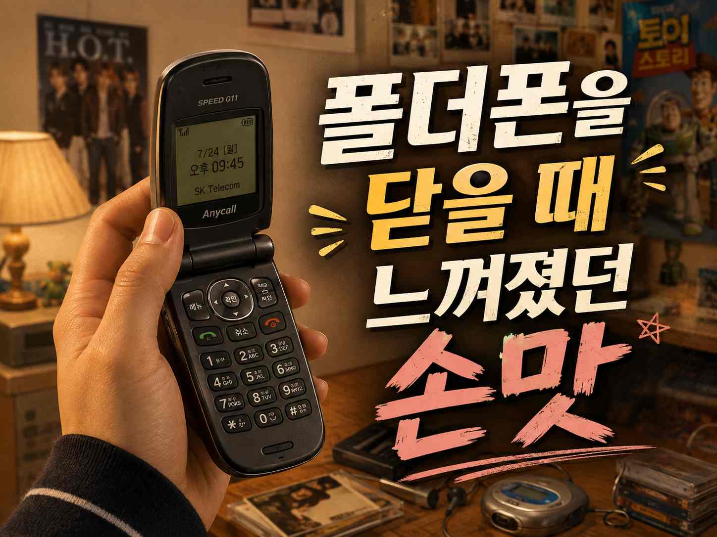 따뜻한 조명의 방에서 손에 펼쳐 든 검은색 폴더폰과 폴더폰을 닫을 때의 손맛을 표현한 제목 문구