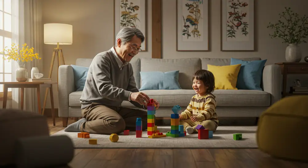 거실에서 장난감 블록을 가지고 어린 손주와 같이 놀아주는 할아버지 모습