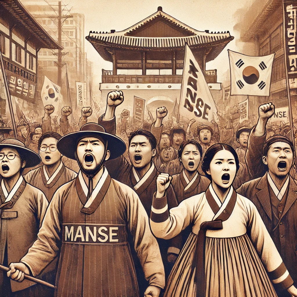 3.1 운동때 만세삼창하는 국민들의 사진