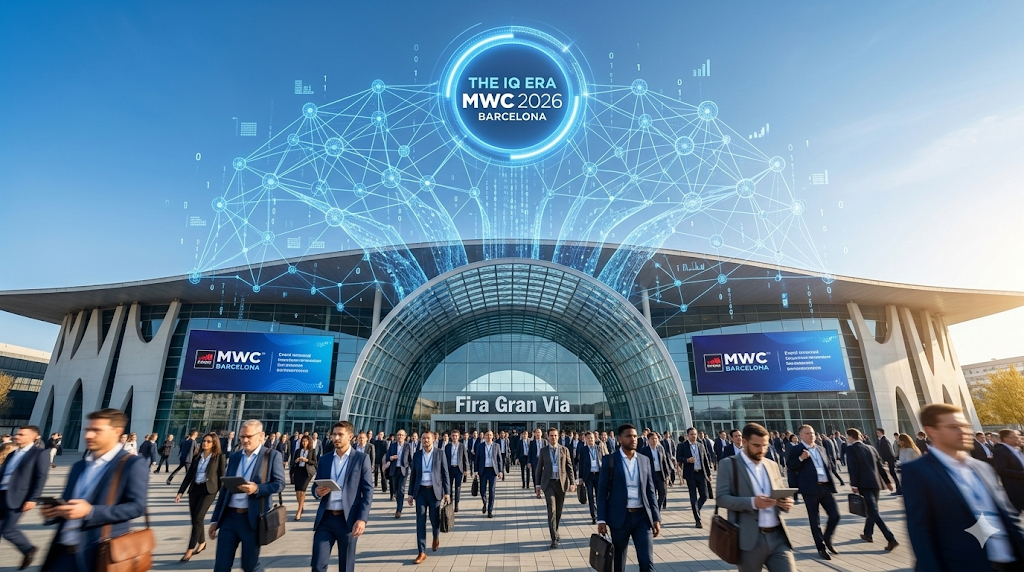 MWC 2026 개막 현장의 피라 그란 비아 전시장 입구와 하늘로 뻗어 나가는 푸른색 AI 데이터 신경망 그래픽이 어우러진 역동적인 모습