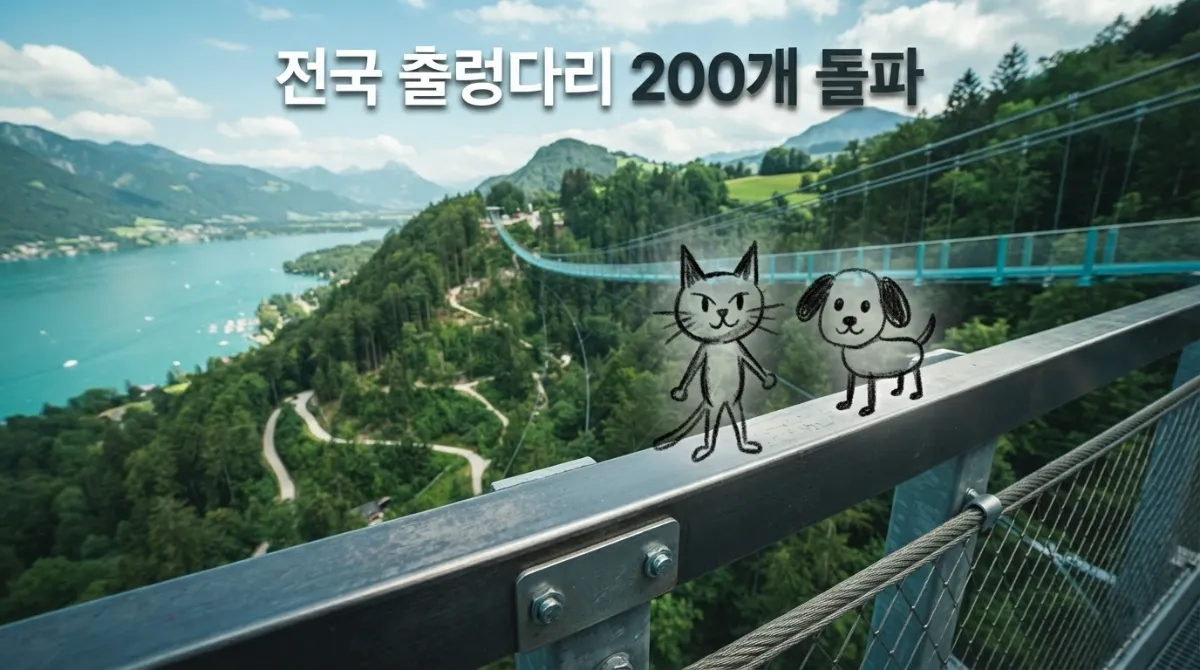 푸른 계곡과 호수 위를 가로지르는 대형 이정표 출렁다리 전경