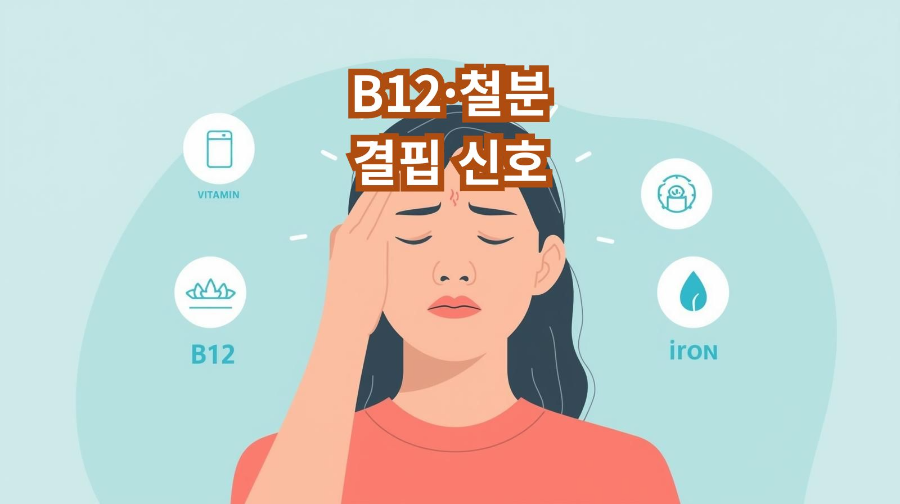 피로와 어지럼증으로 고개를 잡고 있는 인물과 비타민 B12·철분 아이콘이 강조된 썸네일