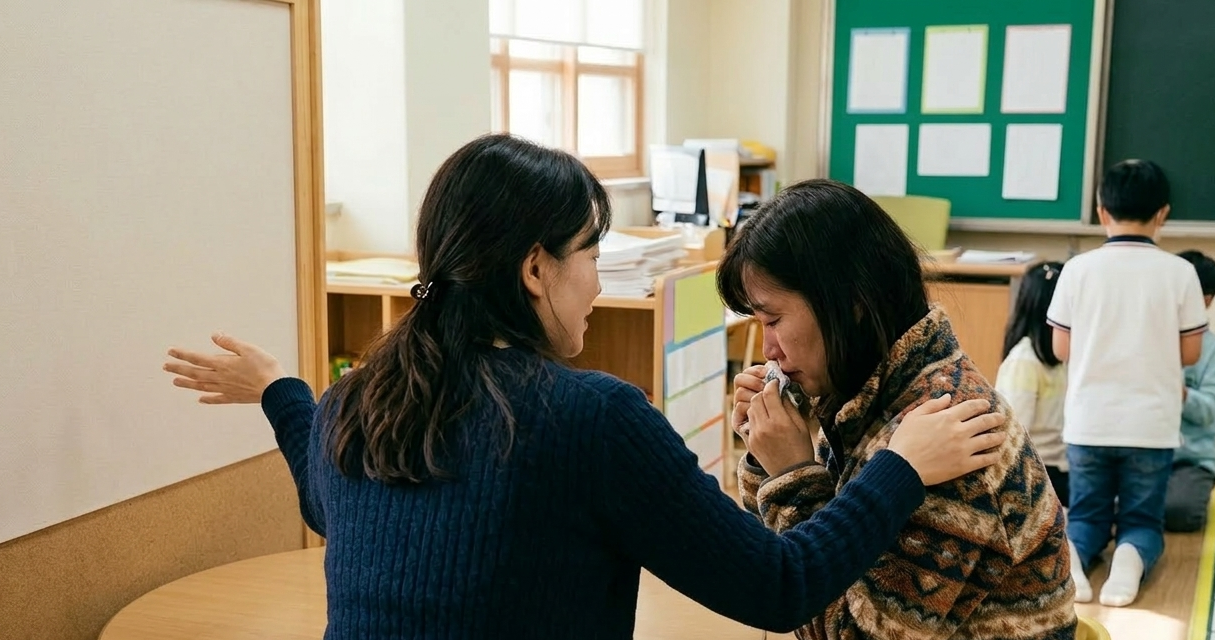 부모님과 상담을 하고 있는 특수교사