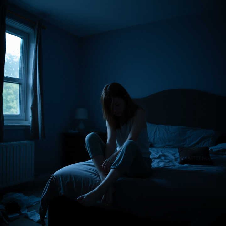 침대에-고개를-숙이고-앉아있는-여자