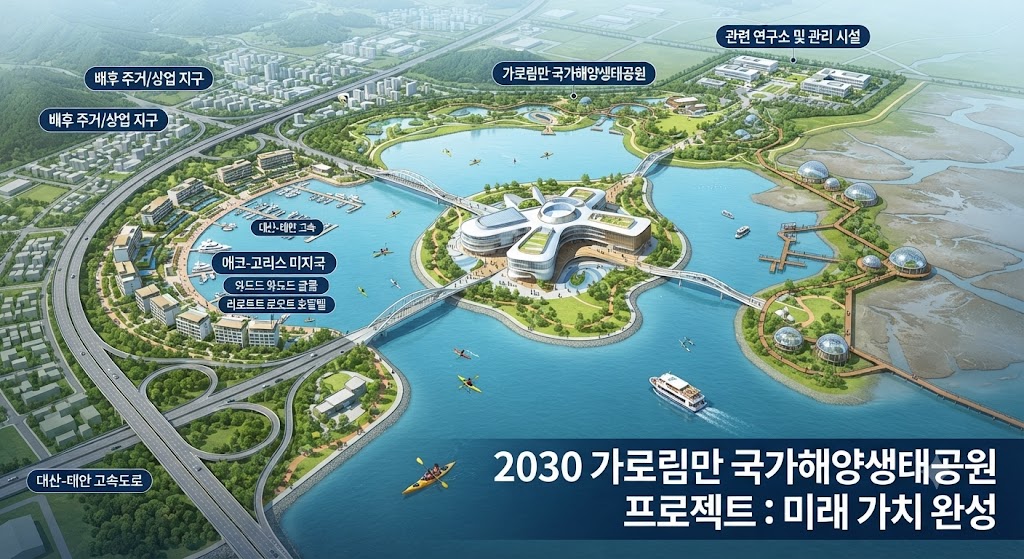 서산시 가로림만 일대 지도 위에 '배후 주거 지구', '교통망 개선 지구', '핵심 투자 유망 지역'이 색상별로 표시된 전략 분석 지도