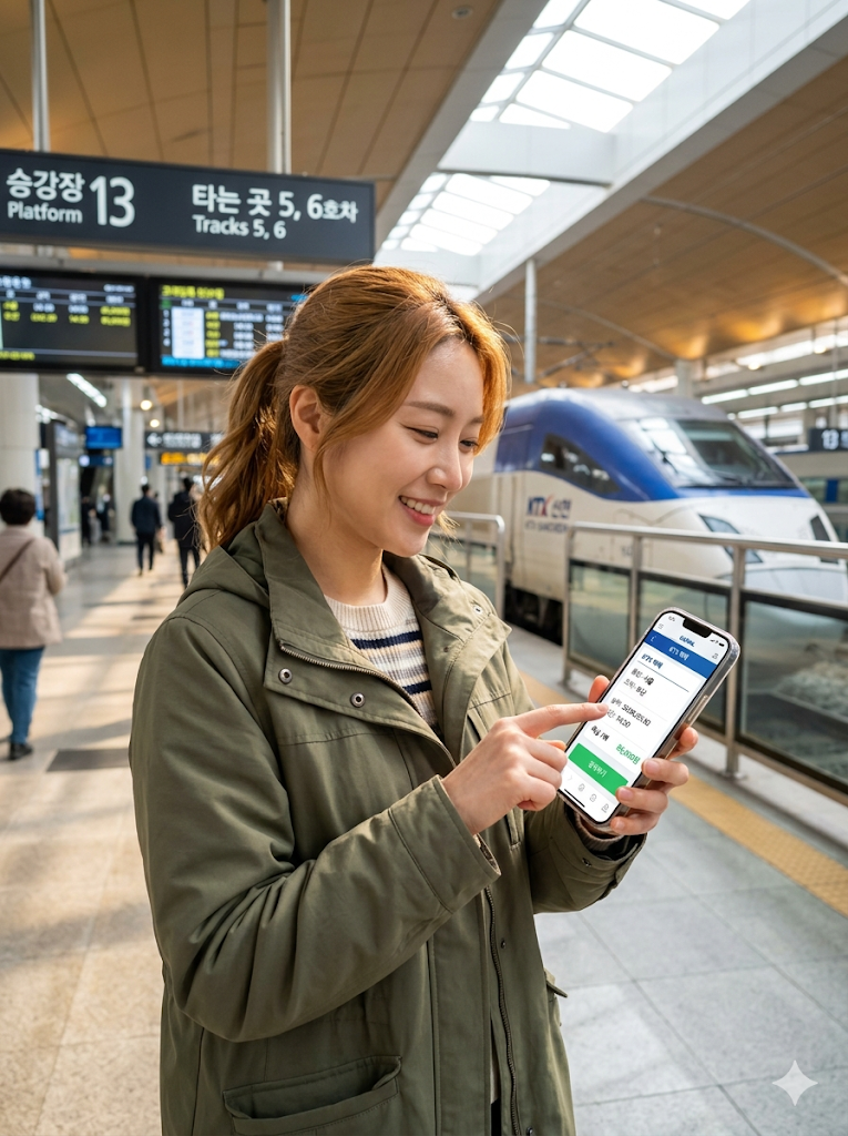 스마트폰으로 KTX 승차권을 예매하며 미소 짓는 여행객과 현대적인 기차역 플랫폼