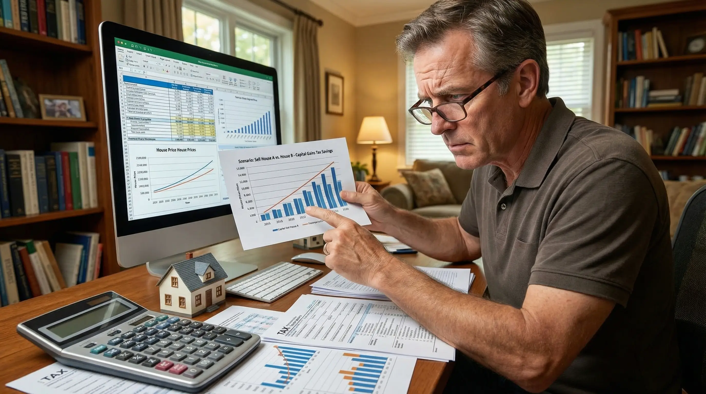 두 채의 집 중 어느 것을 먼저 팔아야 세금을 아낄 수 있는지 계산기와 그래프를 보며 전략을 세우는 모습