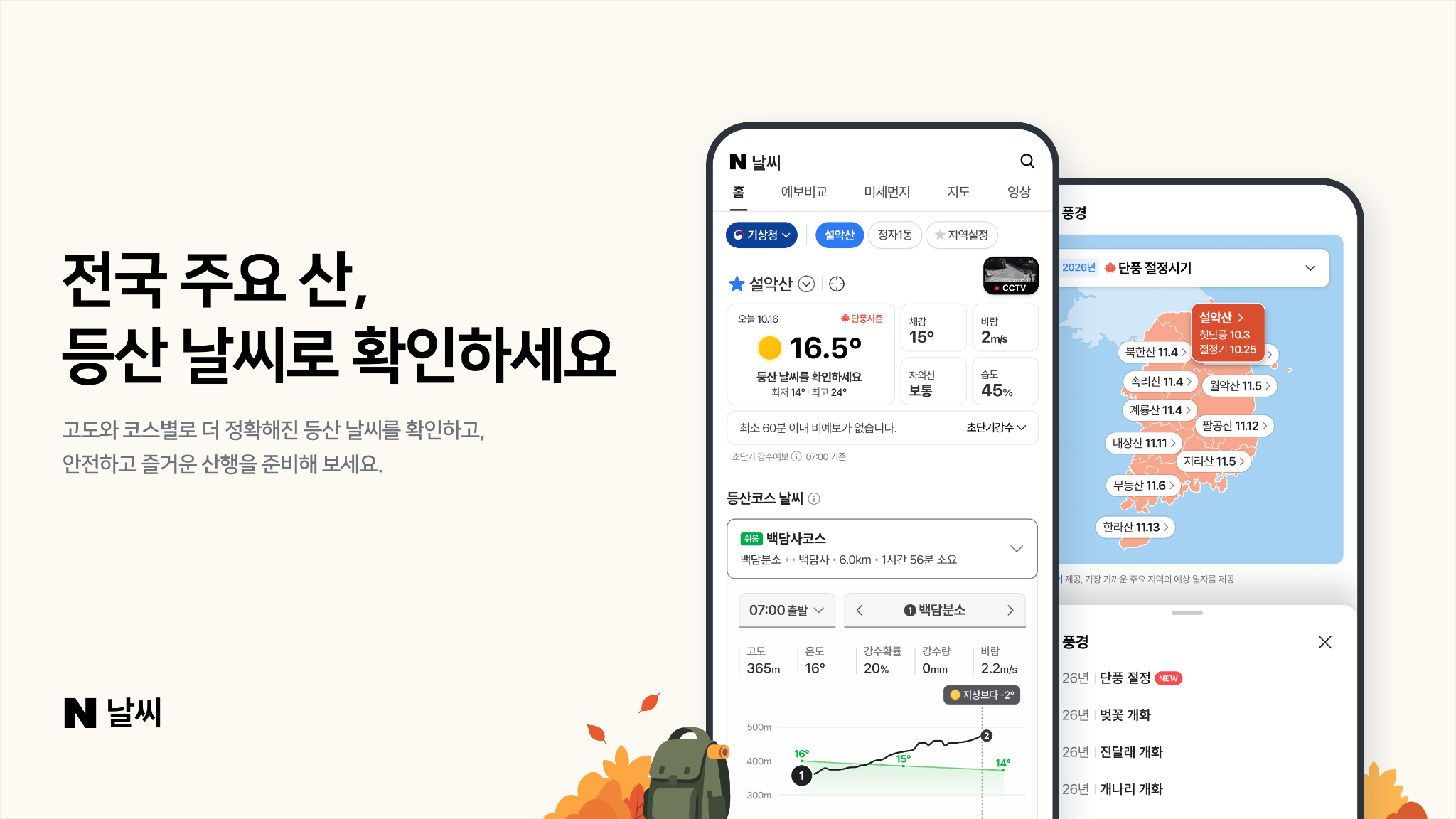 네이버 등산 테마날씨의 코스별 기온&middot;강수 정보와 계절 풍경 화면