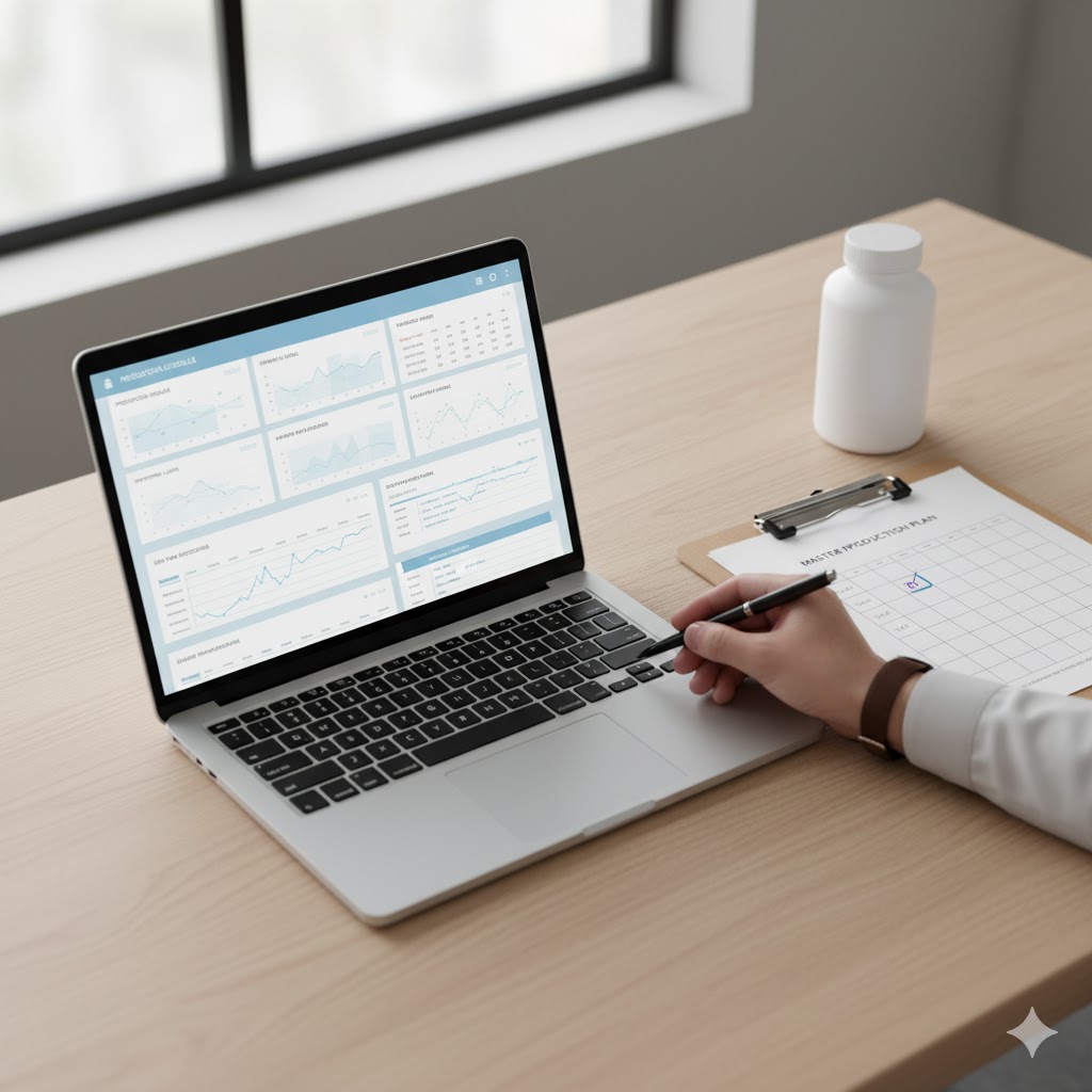 노트북 화면의 생산 관리 대시보드와 종이 계획표를 함께 확인하며 체계적인 리드타임을 관리하는 모습.