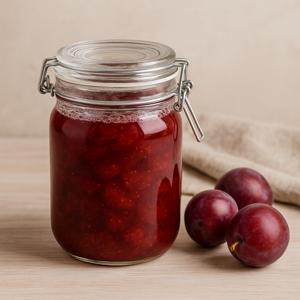 자두청이 담긴 투명 유리병과 자두 3개