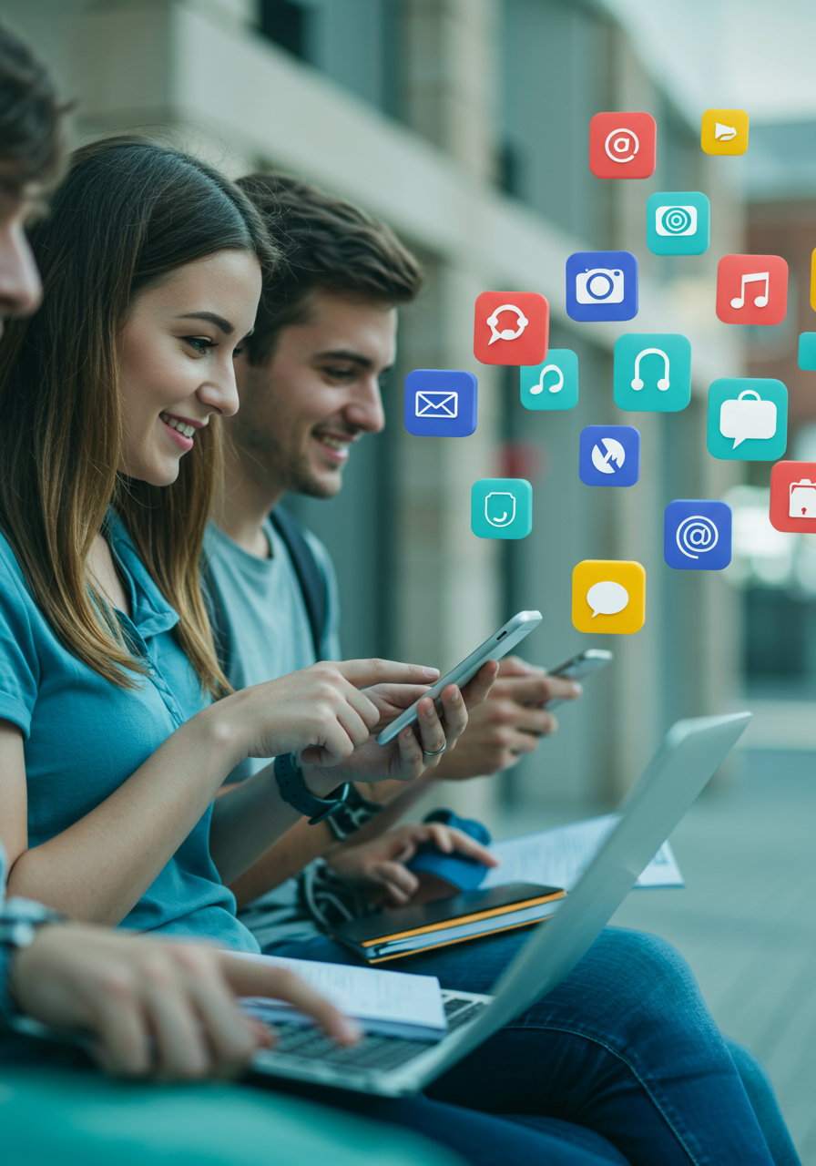 외국 학생 3명이 앉아서 휴대폰의 어플리케이션을 찾고 있는 이미지