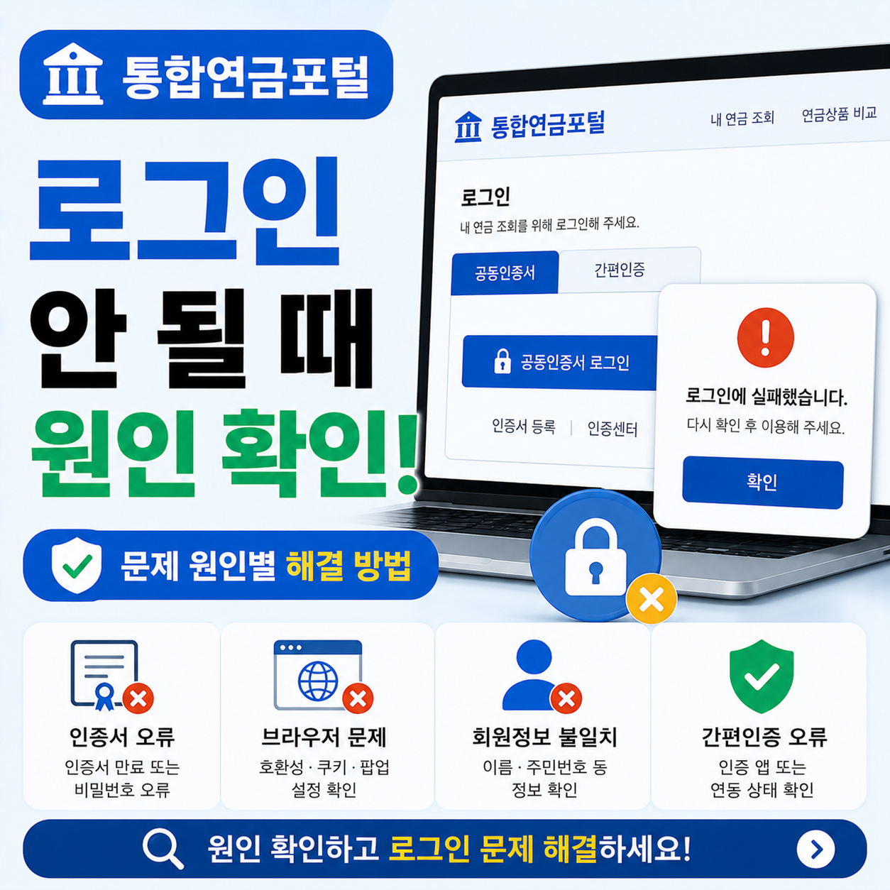 통합연금포털 로그인 화면과 오류 안내 이미지