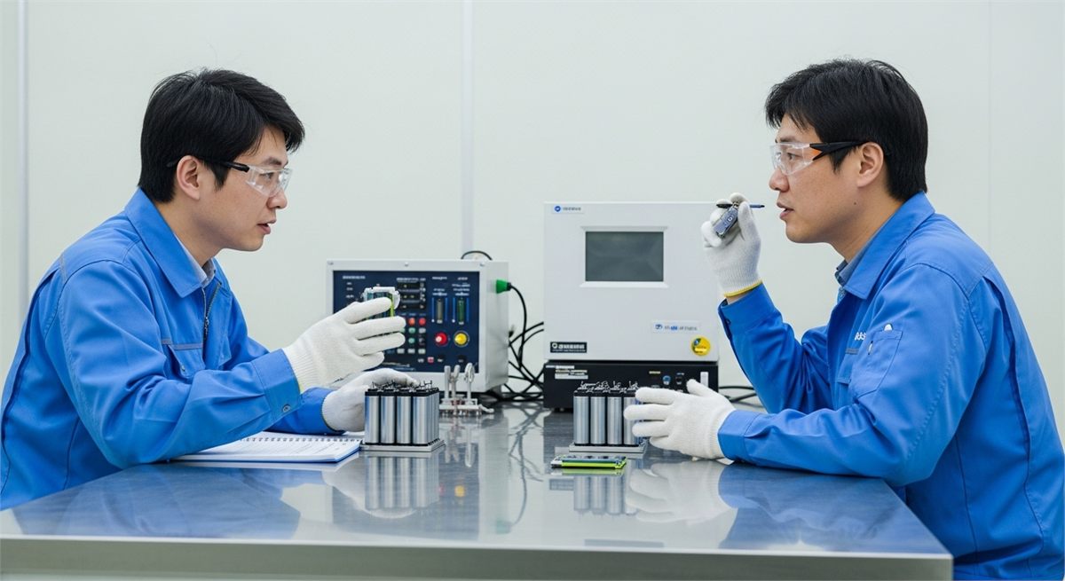 파우치형 배터리 셀 적층 구조를 가까이서 보여주는 장면 