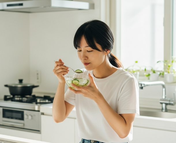 오이냉국을 먹는 여성의 이미지
