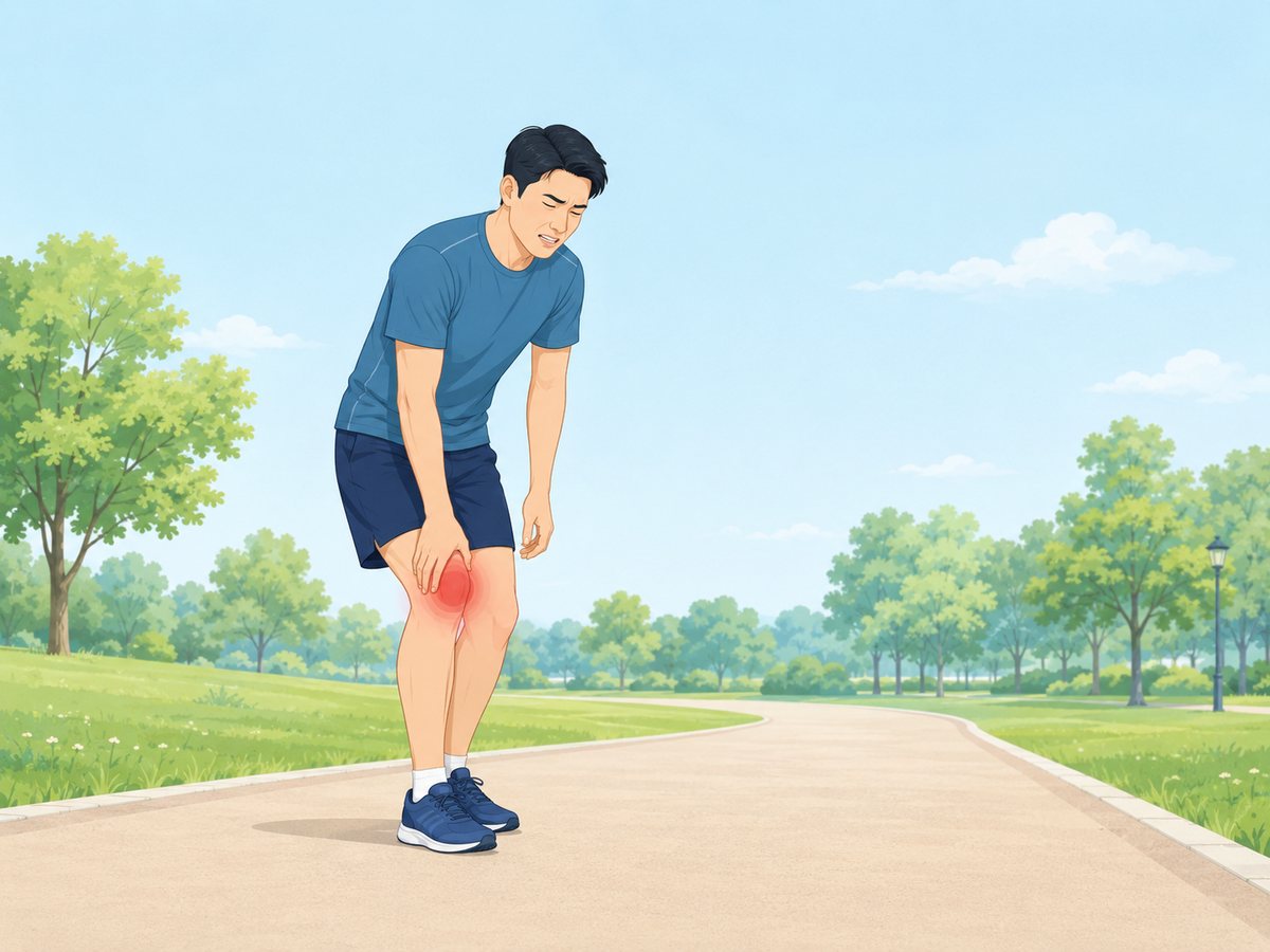 공원 산책로에서 달리다 멈춰 허리를 숙이고 무릎을 붙잡은 채 아파하는 남성