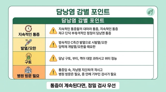 담낭염 담석 통증 비교 지속 통증 열 구토 진료 필요