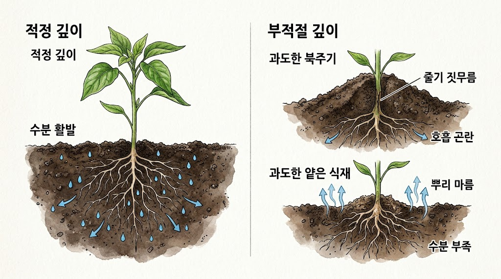 줄기 배꼽 높이가 일치하여 수분이 원활히 이동하는 단면과 높이 불일치로 단절된 상태를 대조한 인포그래픽
