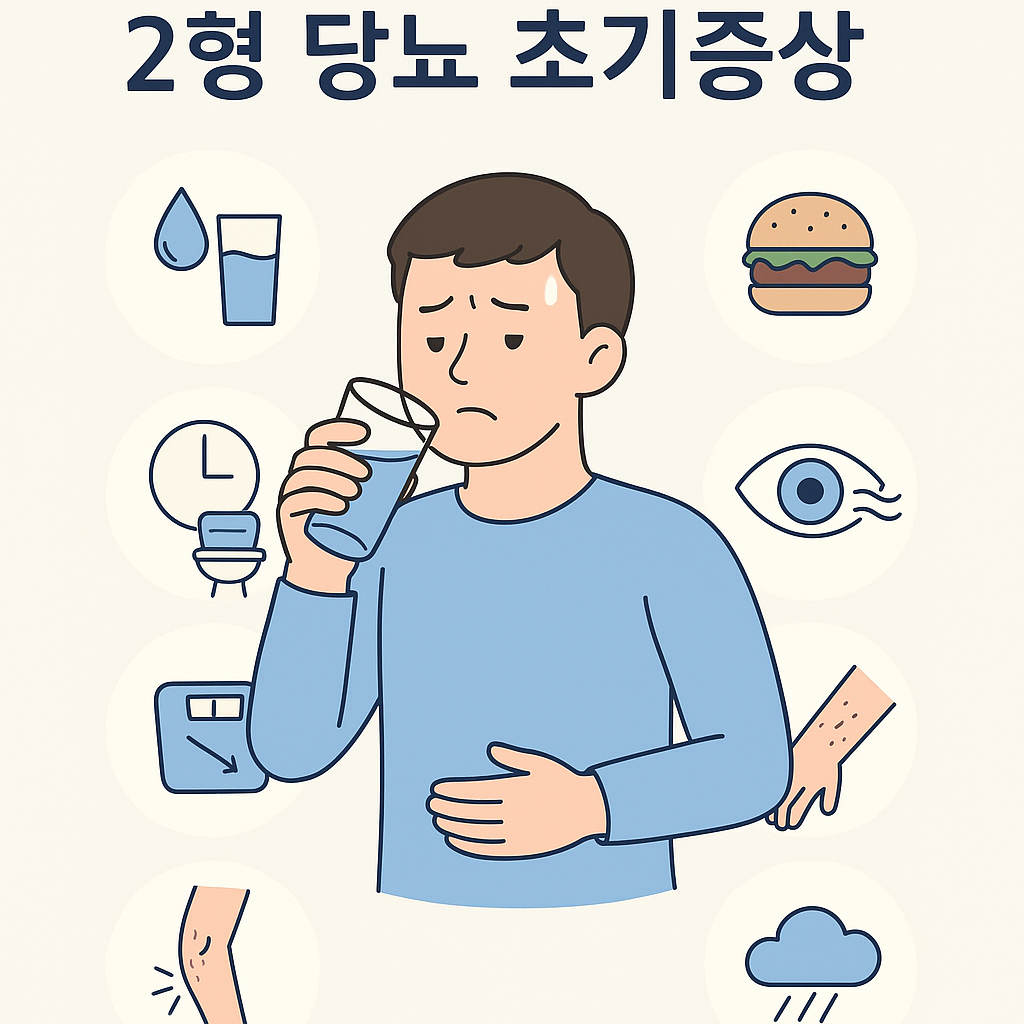 2형 당뇨병 초기증상을 표현한 일러스트 이미지. 중년 남성이 갈증을 느끼며 물을 마시고 있고, 주변에는 소변 증가, 식욕 증가, 체중 감소, 시야 흐림, 상처 회복 지연, 피부 가려움, 우울감 등을 상징하는 아이콘들이 원형 프레임 안에 배치되어 있음