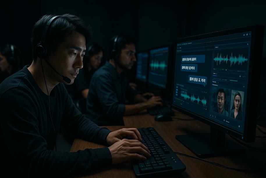어두운 콜센터에서 조직적 사기 작업을 묘사한 장면.