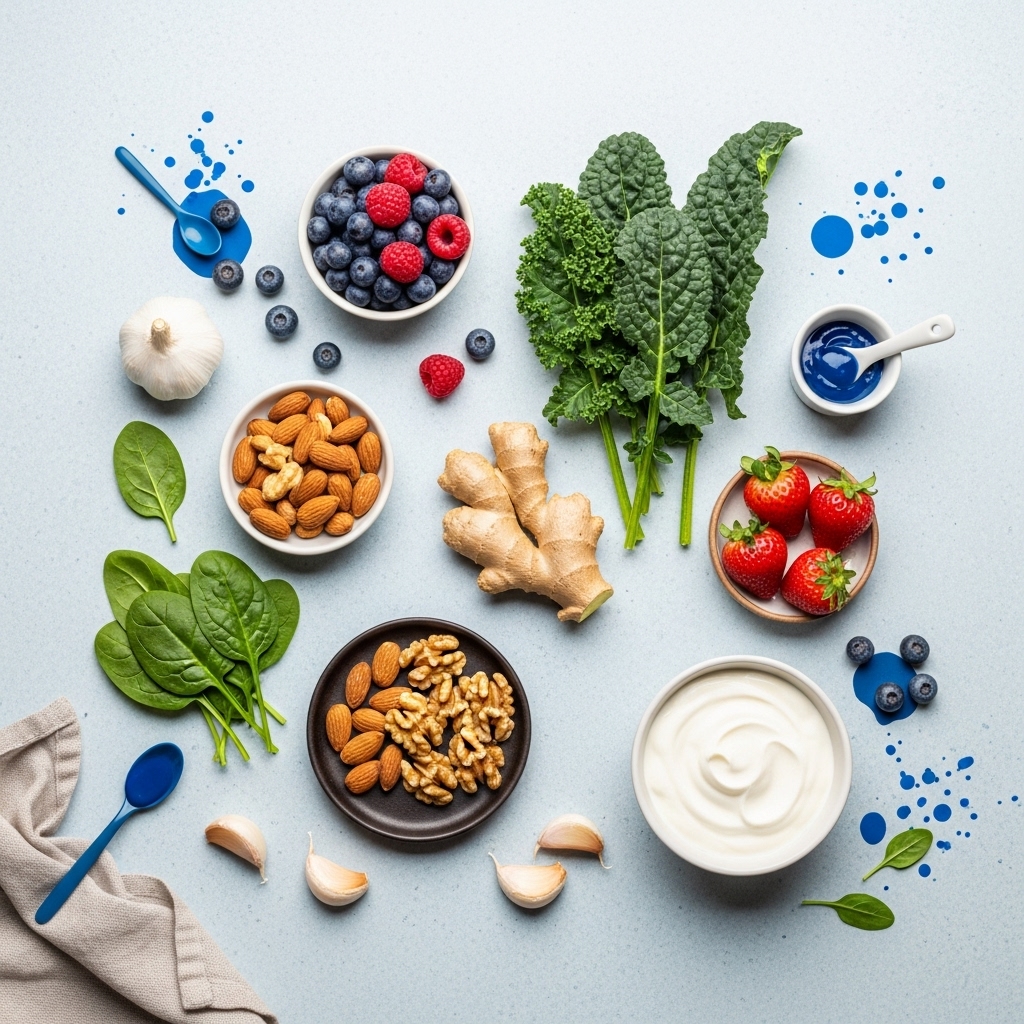 다채로운 베리류, 싱싱한 채소, 견과류, 생강, 마늘, 요거트 등 면역력 강화 재료들이 조화롭게 배열된 건강한 아침 식사 이미지.