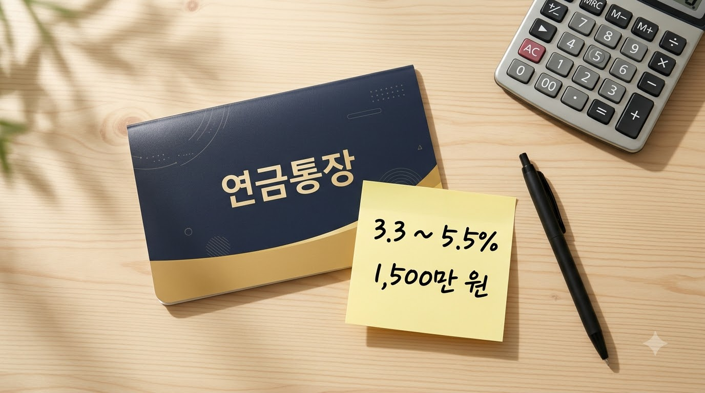 연금 통장과 계산기 옆에 3.3~5.5%와 1,500만 원 숫자가 적힌 메모지