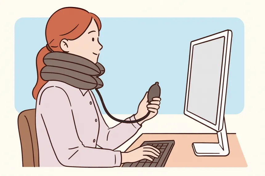 거북목 교정기 중 에어펌프 형식으로 바람을 넣어 목이 길어지는 듯한 느낌을 주어 목을 펴는 방식