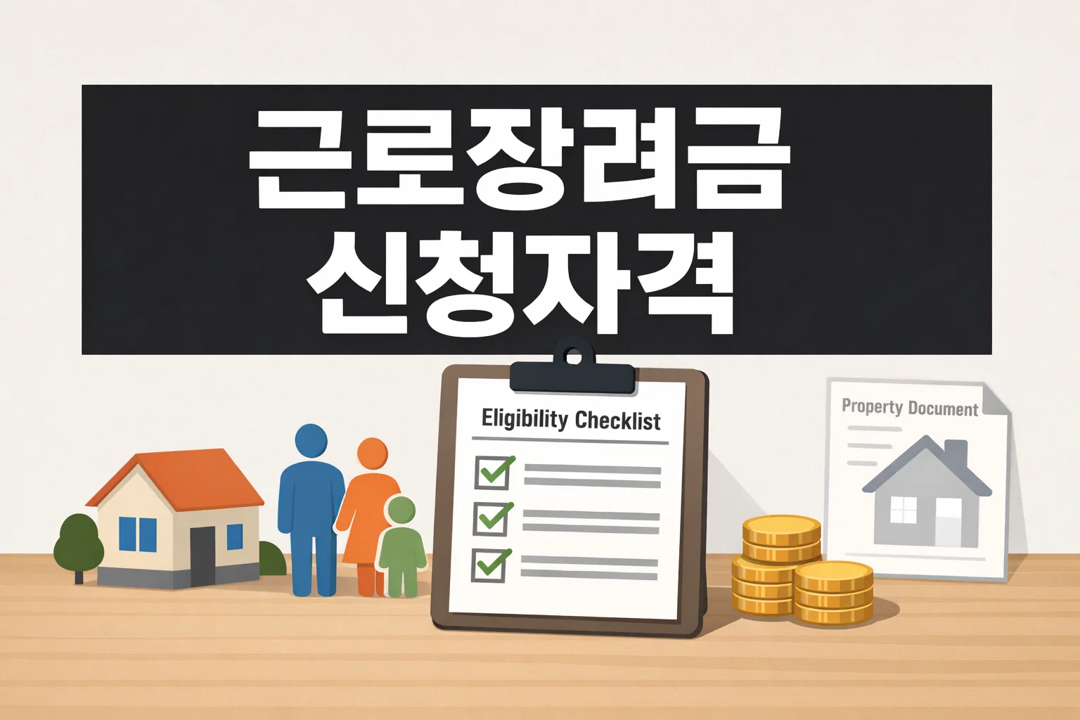 체크리스트와 가구, 주택, 재산 서류 구성을 통해 근로장려금 신청자격을 전체적으로 확인하도록 보여주는 대표 이미지