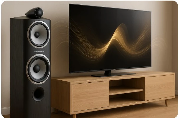 바워스앤윌킨스 스피커와 삼성 TV가 함께 놓인 거실 풍경