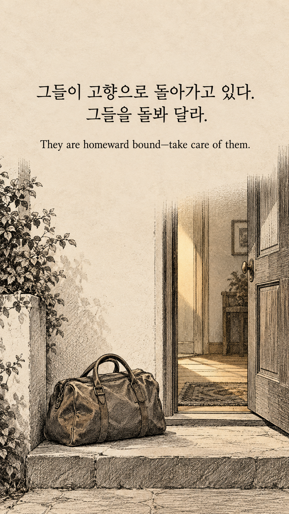 돌아오는 사람을 돌보기 &mdash; 옛날 신문 펜선 삽화에 한글과 영어 문구를 담은 맥아더 명언 이미지