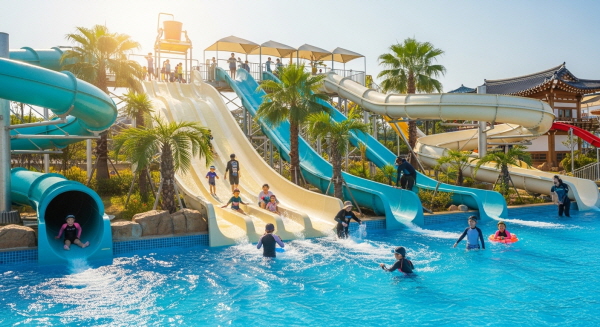 아이들이 워터 슬라이드를 즐기고 있는 활기찬 가족형 온천 워터파크의 모습