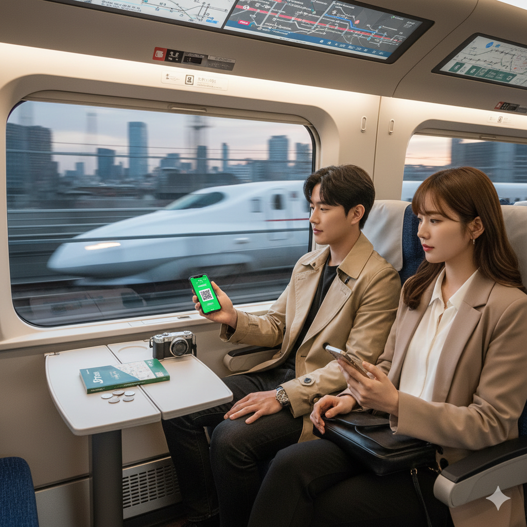 신칸센 열차 내부에서 한국인 남녀 여행객 두 명이 창밖 풍경을 보며 이동하는 이미지예요. 남성은 스마트폰에 녹색 QR 코드를 띄워 들고 있고, 여성은 자신의 스마트폰을 보고 있어요. 창밖으로는 고속으로 달리는 또 다른 신칸센 열차와 도시 경관이 흐릿하게 지나가고 있어요. 테이블 위에는 카메라와 JR 패스로 추정되는 티켓, 그리고 동전 몇 개가 놓여 있으며, 열차 객실 상단 모니터에는 일본의 노선 정보가 표시되고 있어요.