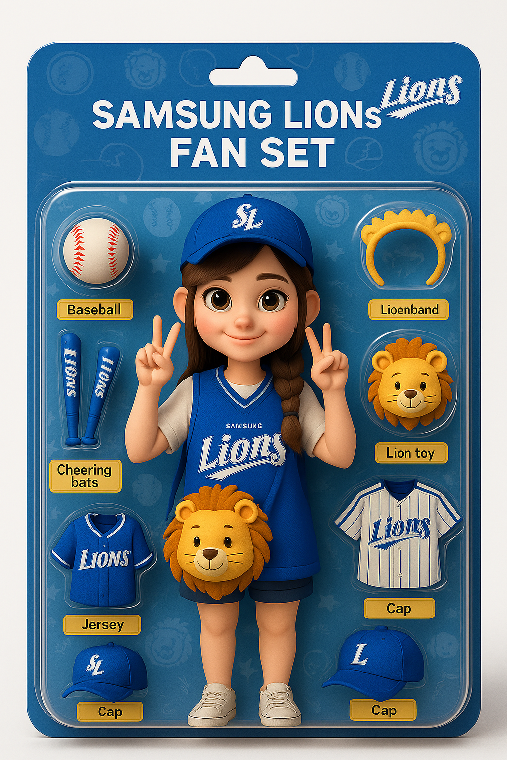 머리띠가 모자로 변경된 삼성 라이온즈 피규어 장난감 패키지 이미지
