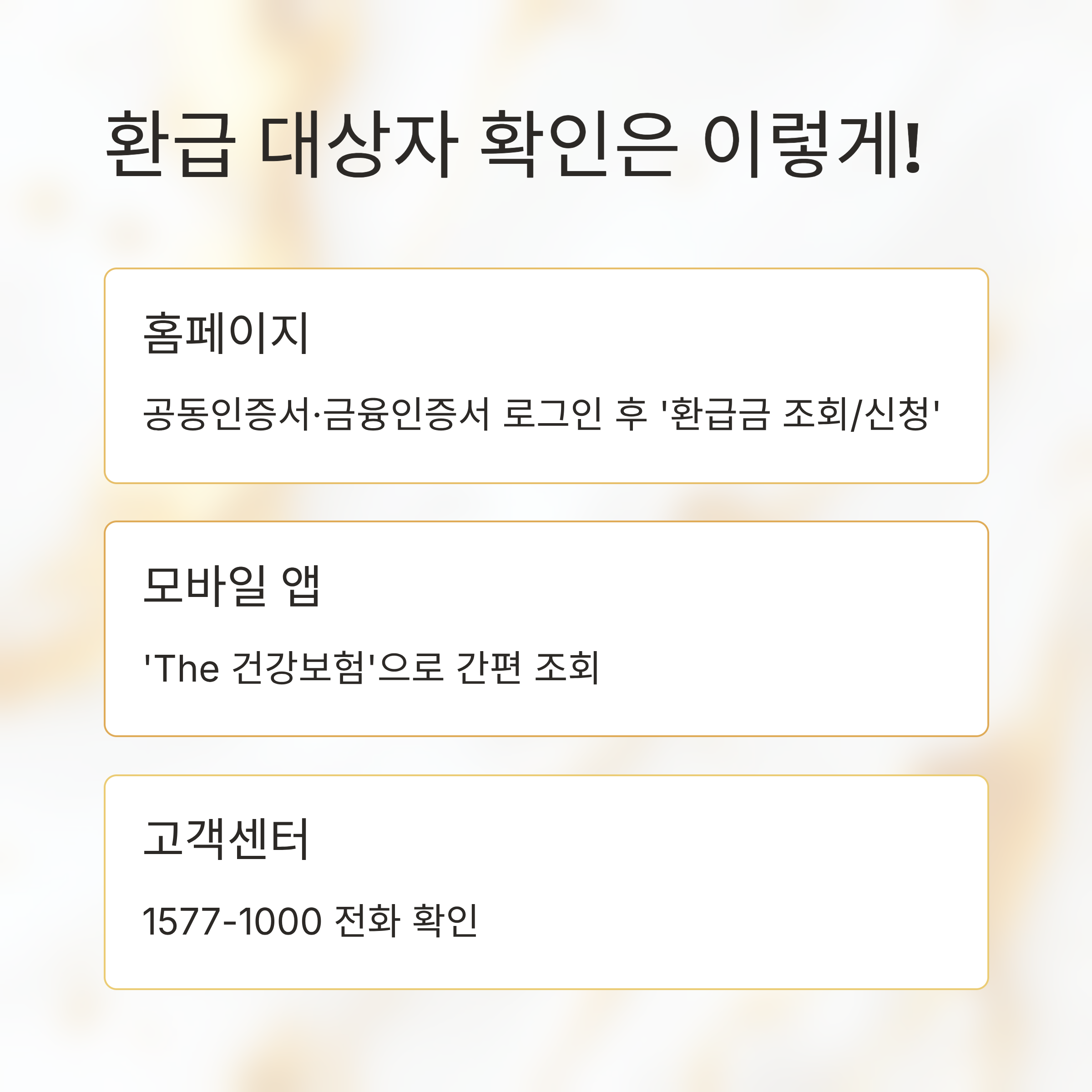 건강보험 환급 대상자 확인 방법을 안내하는 이미지로, 홈페이지, 모바일 앱, 고객센터를 통한 확인 절차가 정리된 인포그래픽