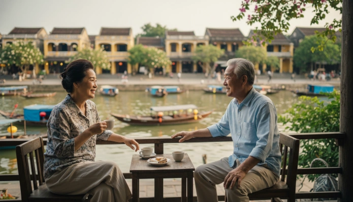 베트남의 아름다운 풍경을 배경으로 편안하게 은퇴 생활을 즐기고 있는 노년의 한국인 부부의 모습.