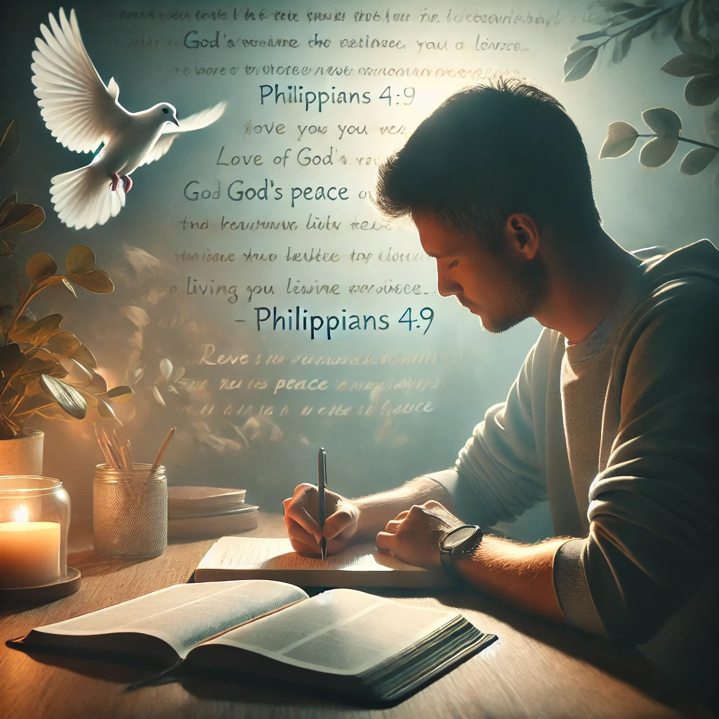 Here is an image showing the process of reflection and testimony, inspired by Philippians 4:9. The person is journaling their thoughts and lessons learned, surrounded by a peaceful environment, symbolizing God's presence and peace. The scene captures the act of organizing and meditating on the teachings received, living out the call to apply them in daily life.