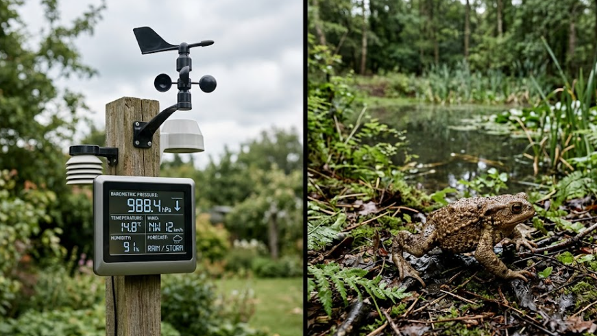 기계적 기상 관측과 두꺼비의 생물학적 기상 예보 능력을 대비한 이미지