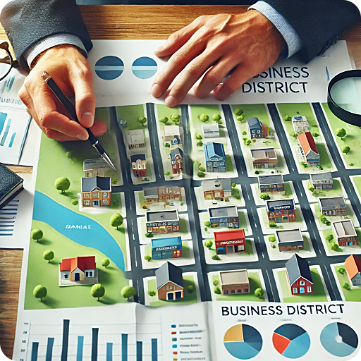 소도시의 상권 지도를 분석하는 창업자의 모습.